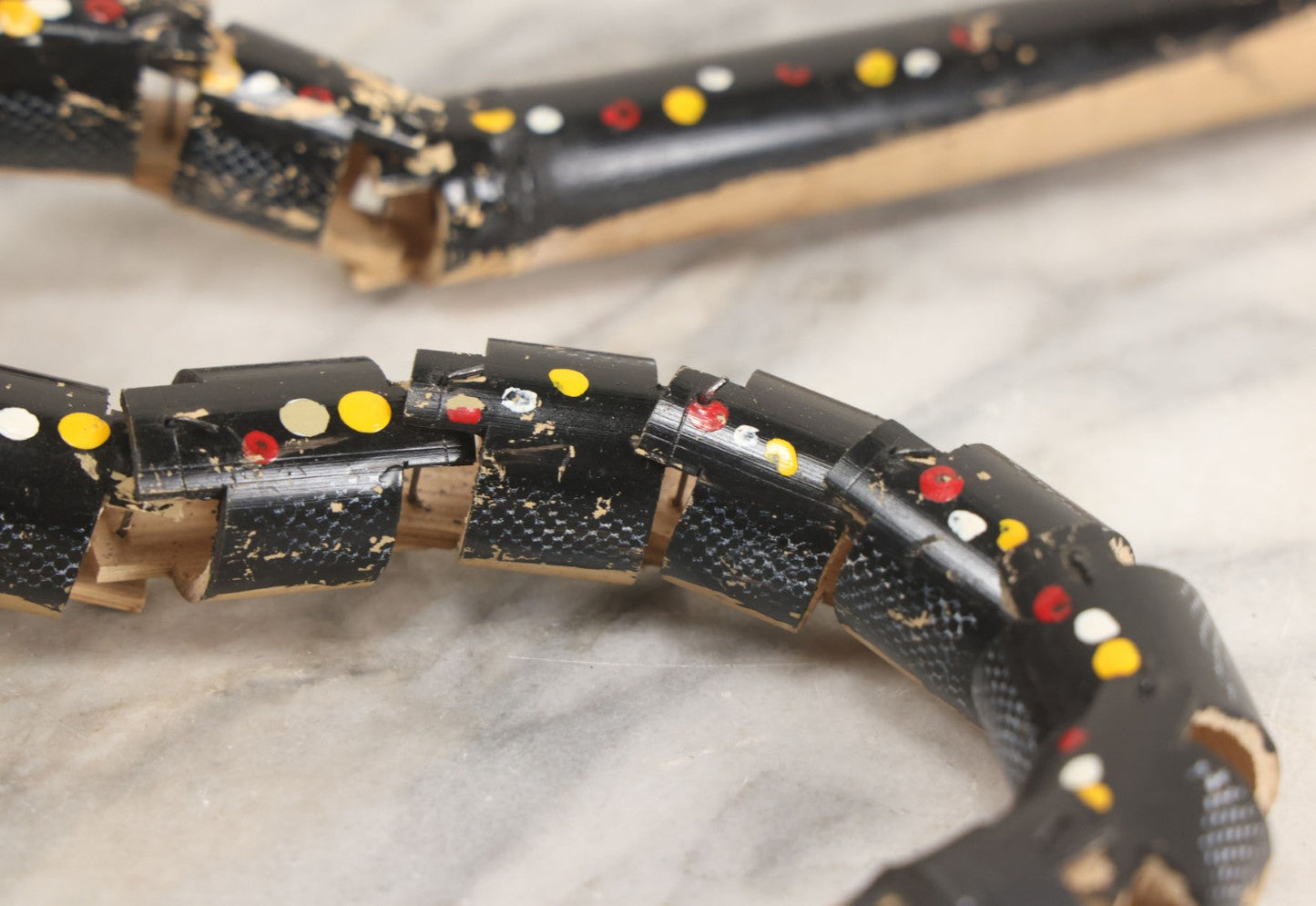 Lot 038 - Vintage Filipino Tourist Collectible Export Jointed Snake Toy With Painted Details Paper Label, By C.N.I., Philippines 21-3/4" Length