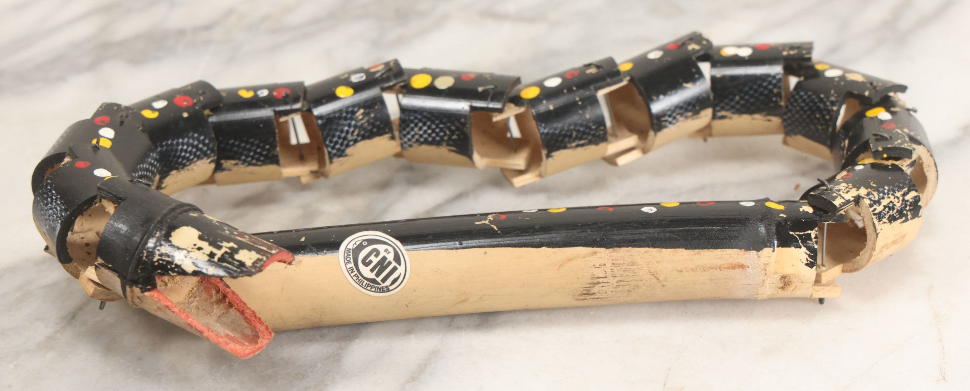 Lot 038 - Vintage Filipino Tourist Collectible Export Jointed Snake Toy With Painted Details Paper Label, By C.N.I., Philippines 21-3/4" Length