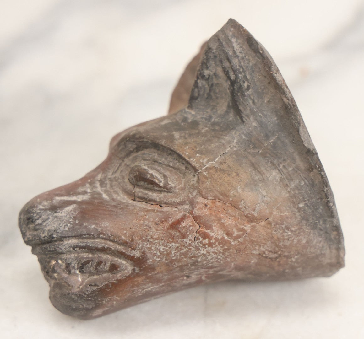 Lot 039 - Vintage Replica Pre-Columbian Style Mesoamerican Artifact, Wolf Canine Head Bearing Teeth Circa Mid-20th Century
