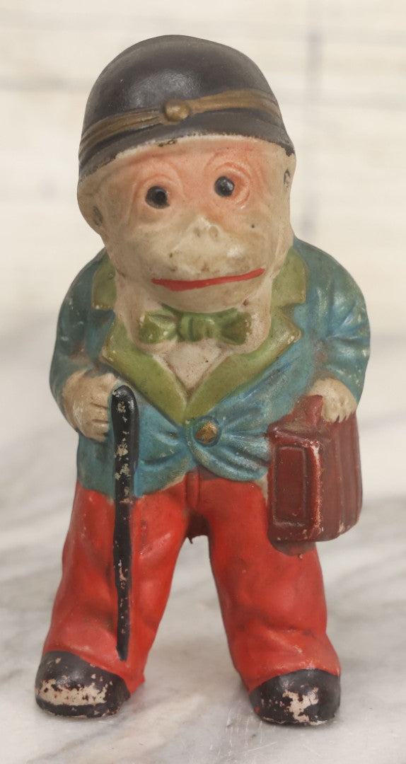 Lot 042 - Vintage Hand Painted Ceramic Monkey Businessman Figurine, Wearing Hat, Holding Cane And Suitcase, Made In Japan