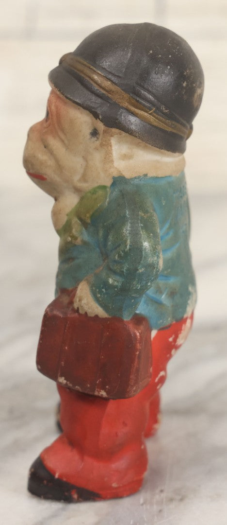 Lot 042 - Vintage Hand Painted Ceramic Monkey Businessman Figurine, Wearing Hat, Holding Cane And Suitcase, Made In Japan