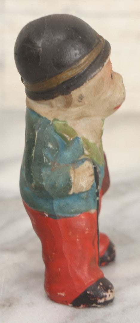 Lot 042 - Vintage Hand Painted Ceramic Monkey Businessman Figurine, Wearing Hat, Holding Cane And Suitcase, Made In Japan