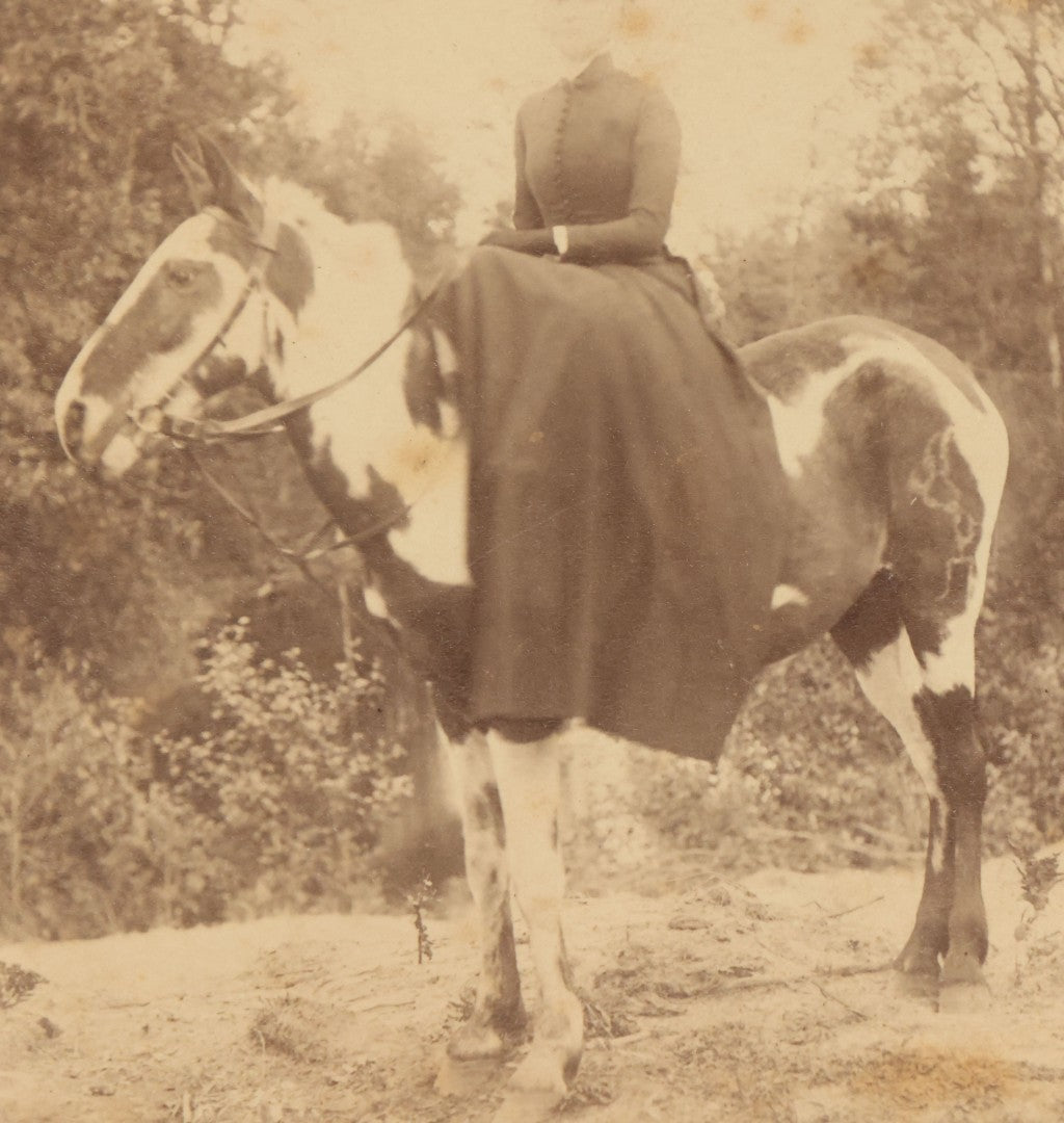 Lot 046 - Antique Cabinet Card Photograph Of A Woman In A Stovepipe Top Hat Riding A Piebald Horse, Identification And Provenance On Verso, Identified As Aunt Dottie Lyon, Wife Of Charles Lyon