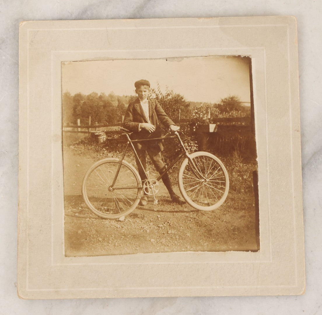 Lot 047 - Grouping Of Three Antique Boarded Photographs Of A Young Boy Identified As Oscar E. Benson Posing With His White-Wheeled Bicycle