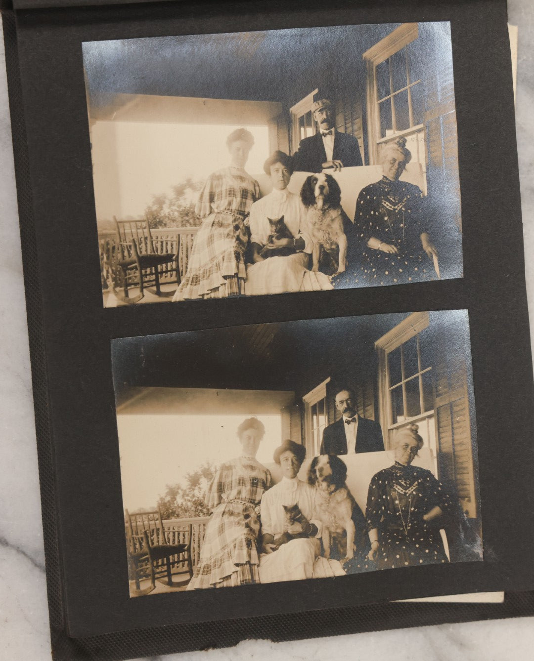 Lot 051 - Antique Snapshot Photo Album With 30+ Photographs Mostly Of Beloved Pets Including Dogs Named Beau, Naw, Ted, And Taffy, Cats Named Angel And Boo, And A Horse Name Rachet, Photos Taken In And Around Lily Pond, East Hampton, New York