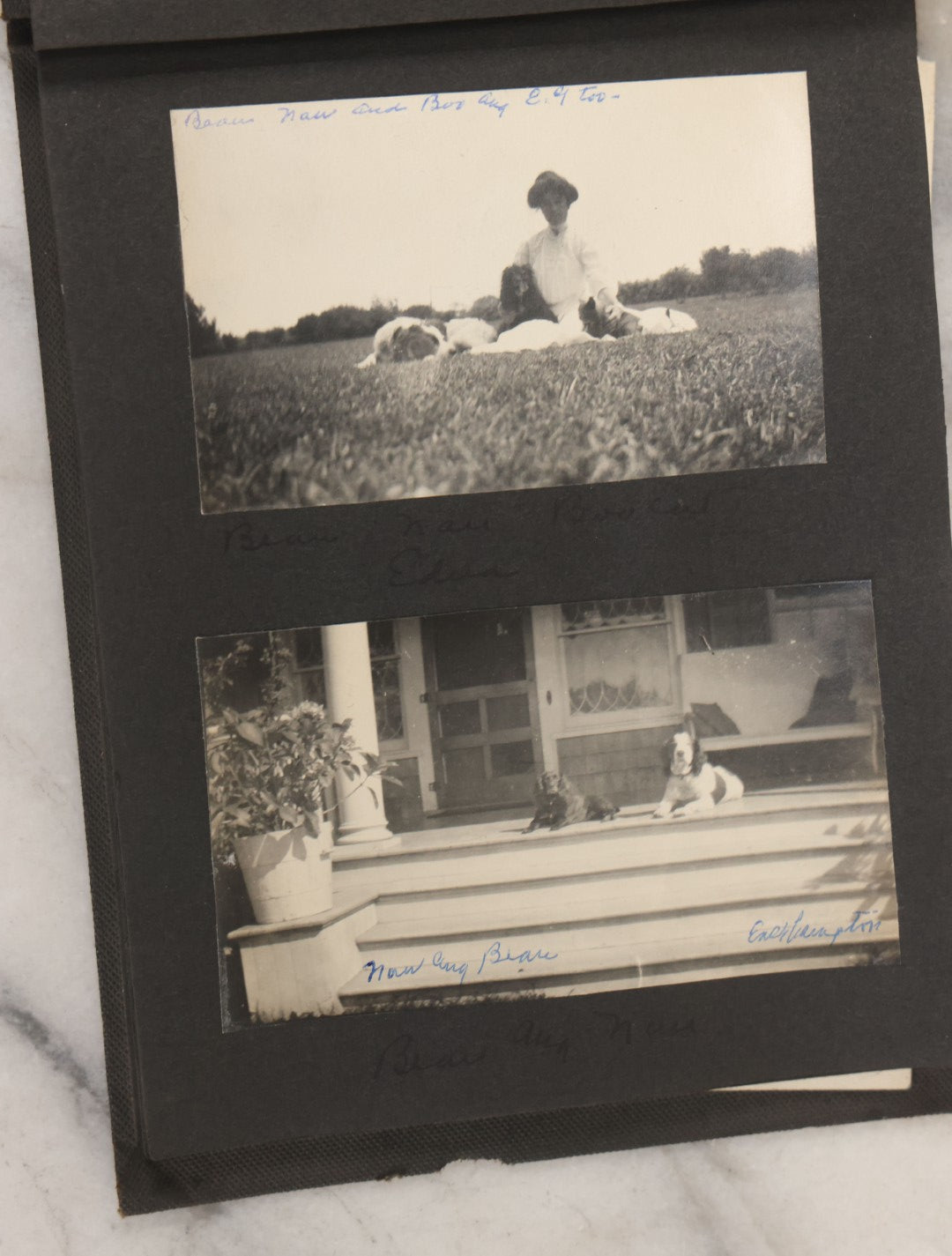 Lot 051 - Antique Snapshot Photo Album With 30+ Photographs Mostly Of Beloved Pets Including Dogs Named Beau, Naw, Ted, And Taffy, Cats Named Angel And Boo, And A Horse Name Rachet, Photos Taken In And Around Lily Pond, East Hampton, New York