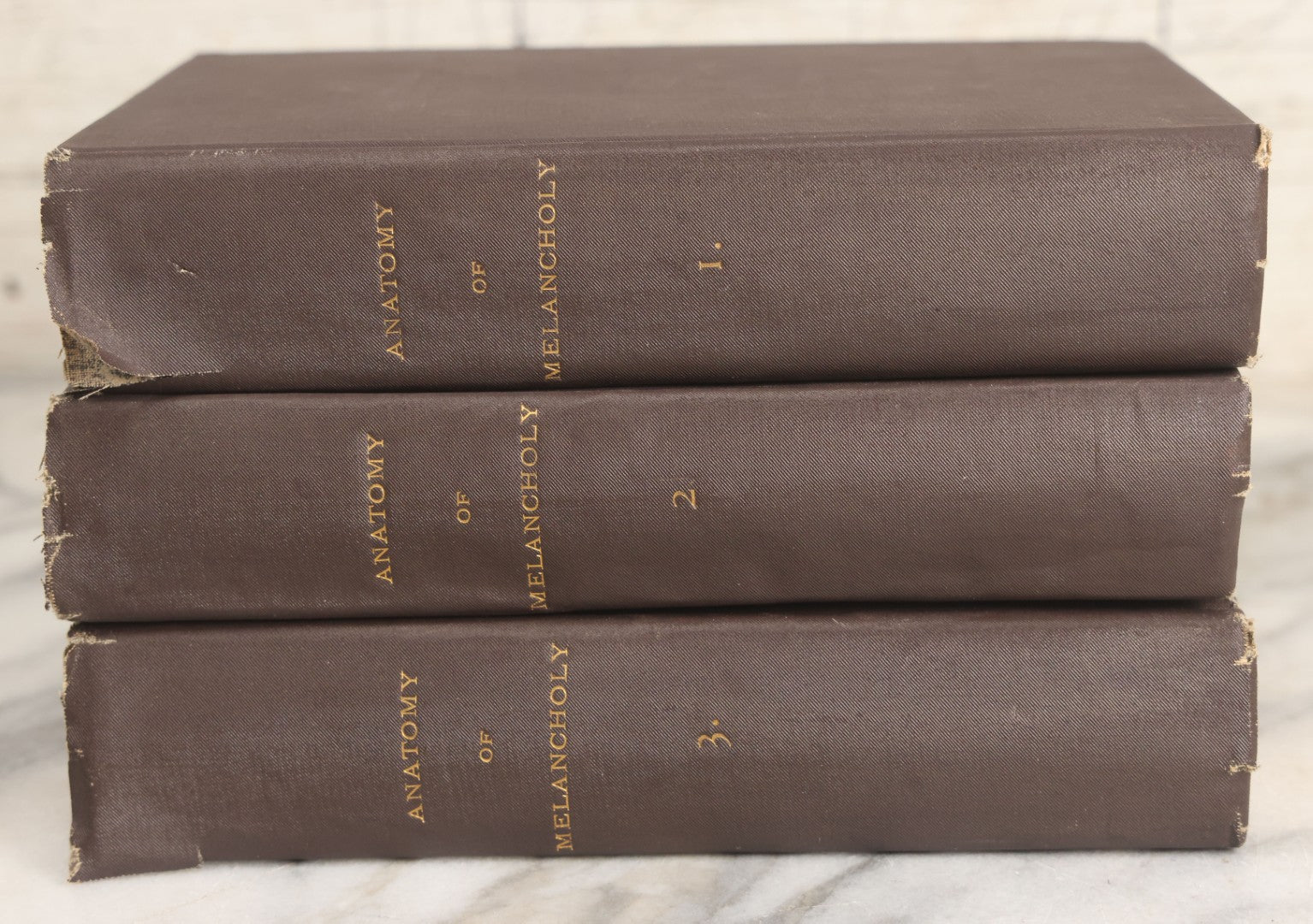 Lot 054 - "The Anatomy Of Melancholy, What It Is With All The Kinds Causes Symptoms Prognostics And Several Cures" Antique 3 Vol. Book Set By Democritus Junior (Robert Burton), Early Study Of Depression, New Edition, W.J. Widdleton, Pub., N.Y., 1870