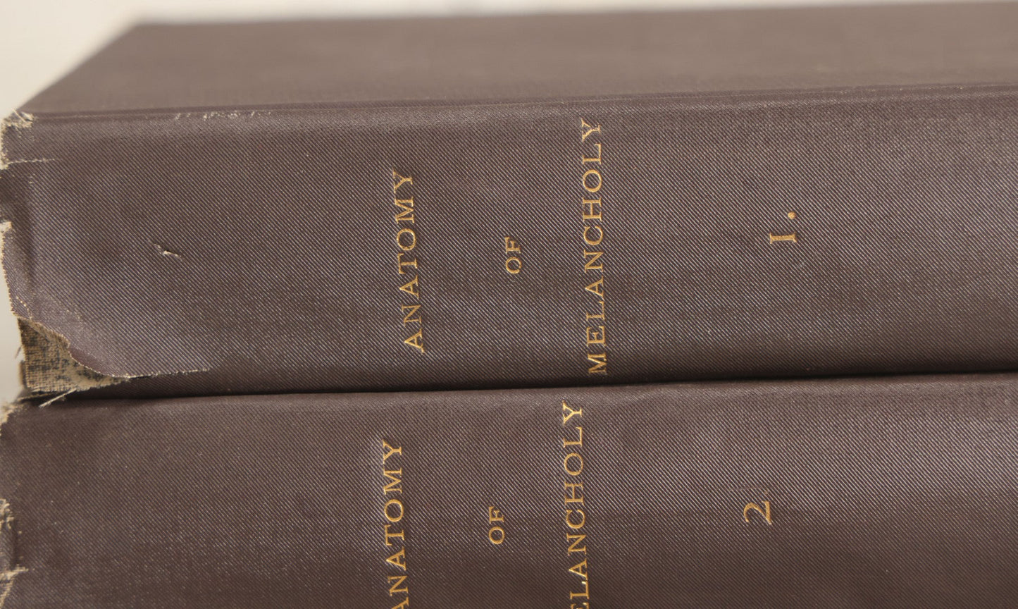 Lot 054 - "The Anatomy Of Melancholy, What It Is With All The Kinds Causes Symptoms Prognostics And Several Cures" Antique 3 Vol. Book Set By Democritus Junior (Robert Burton), Early Study Of Depression, New Edition, W.J. Widdleton, Pub., N.Y., 1870