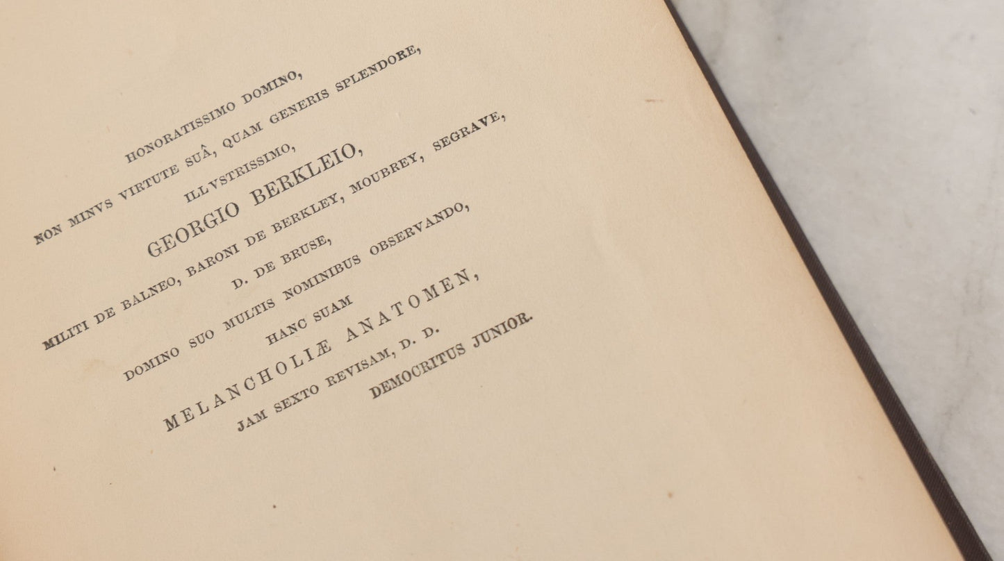 Lot 054 - "The Anatomy Of Melancholy, What It Is With All The Kinds Causes Symptoms Prognostics And Several Cures" Antique 3 Vol. Book Set By Democritus Junior (Robert Burton), Early Study Of Depression, New Edition, W.J. Widdleton, Pub., N.Y., 1870