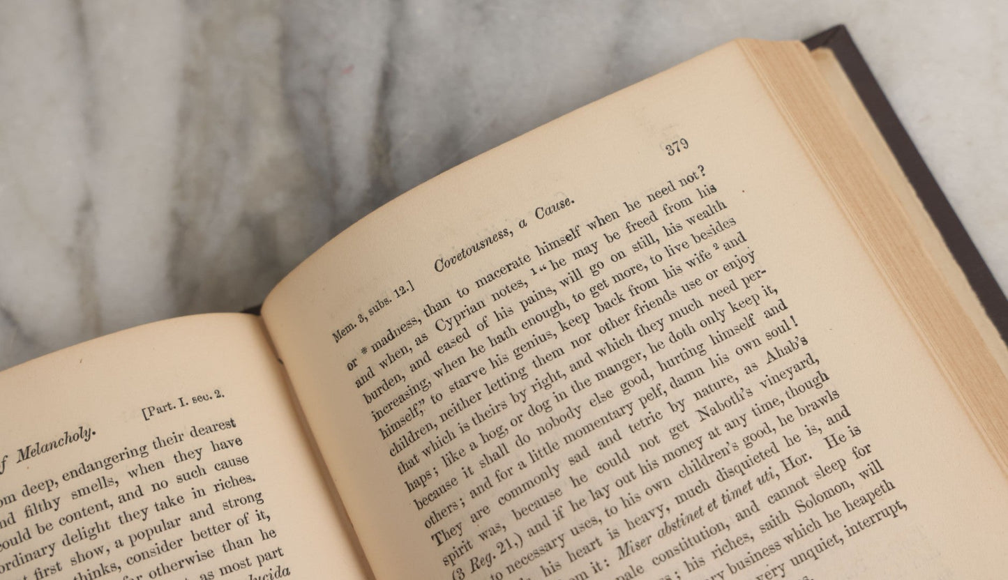 Lot 054 - "The Anatomy Of Melancholy, What It Is With All The Kinds Causes Symptoms Prognostics And Several Cures" Antique 3 Vol. Book Set By Democritus Junior (Robert Burton), Early Study Of Depression, New Edition, W.J. Widdleton, Pub., N.Y., 1870