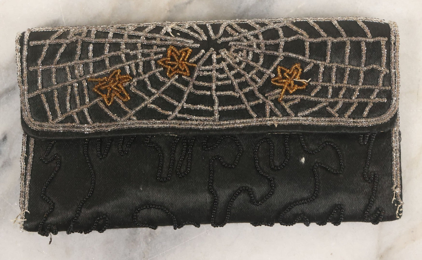 Lot 063 - Vintage Beaded Spider Web Clutch Purse With Original Pocket Mirror
