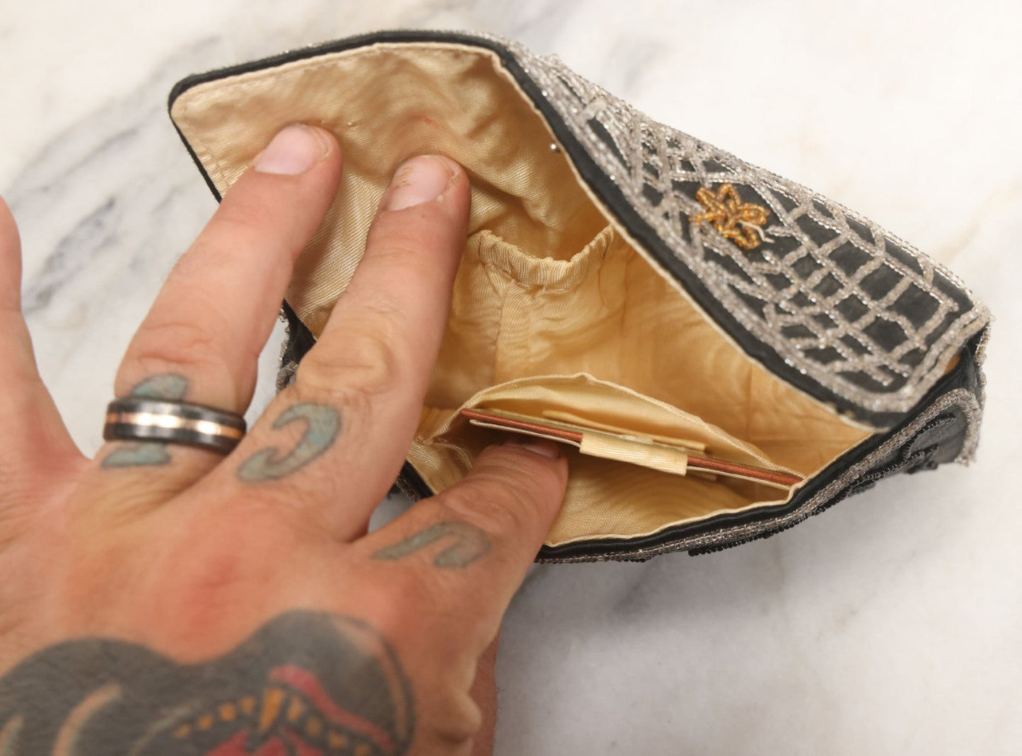 Lot 063 - Vintage Beaded Spider Web Clutch Purse With Original Pocket Mirror