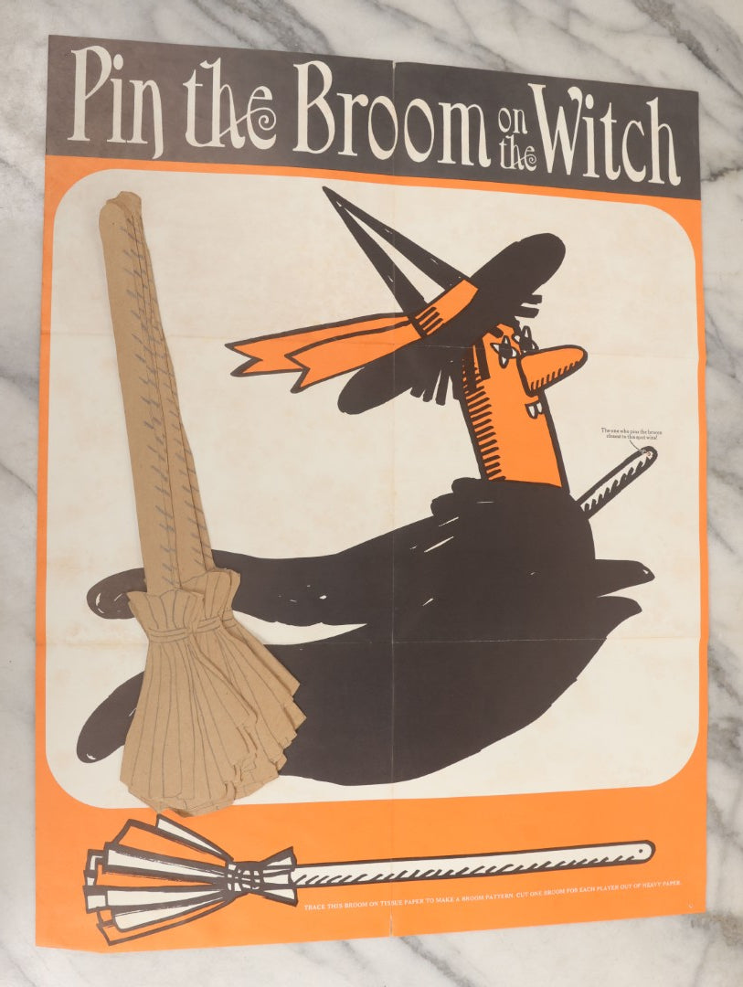 Lot 068 - Vintage "Franks Weeny Witch Hallowe'en Party Merry Makings" Fold Out Pin-The-Broom-On-The-Witch Poster And Halloween Party "Tricks And Treats Menu" With Recipes Including Brooms By Nepco