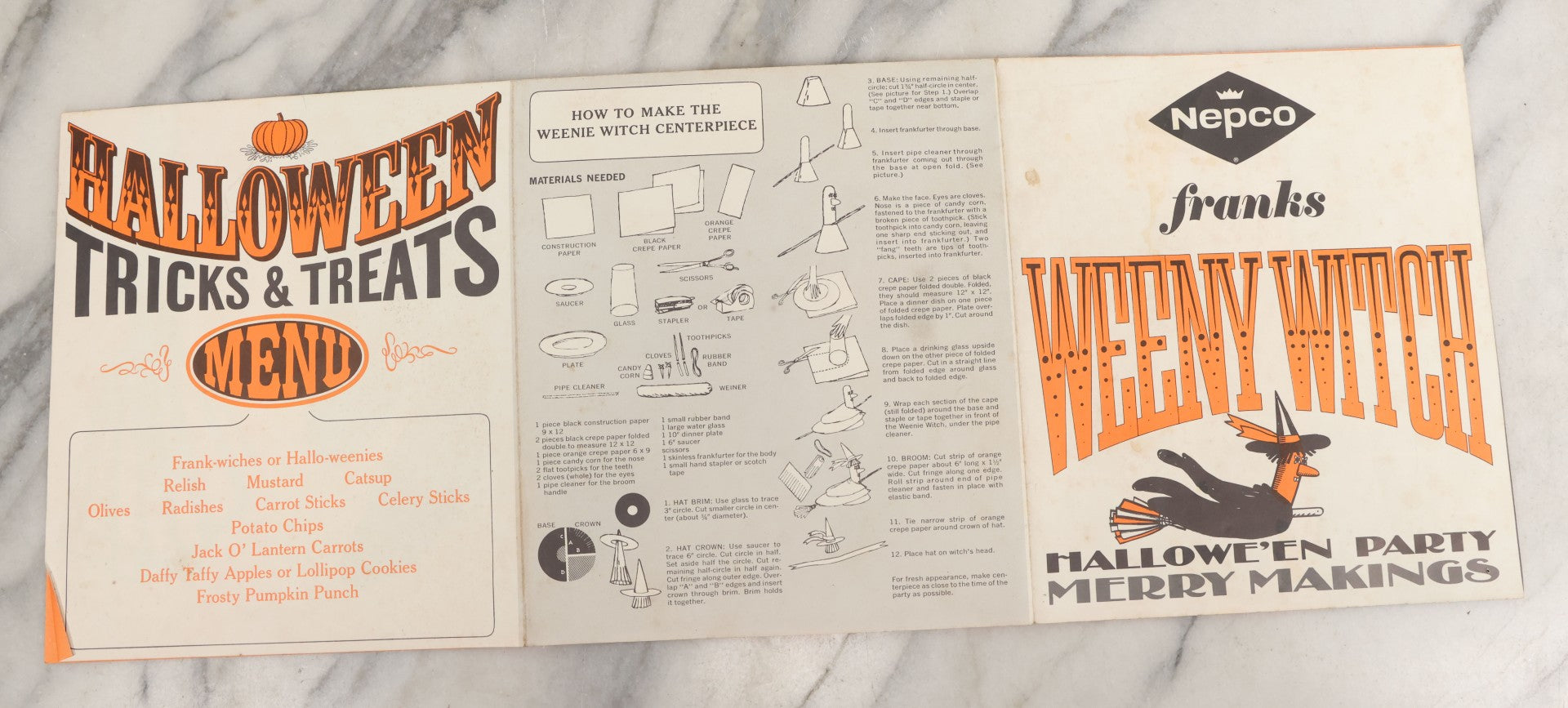 Lot 068 - Vintage "Franks Weeny Witch Hallowe'en Party Merry Makings" Fold Out Pin-The-Broom-On-The-Witch Poster And Halloween Party "Tricks And Treats Menu" With Recipes Including Brooms By Nepco