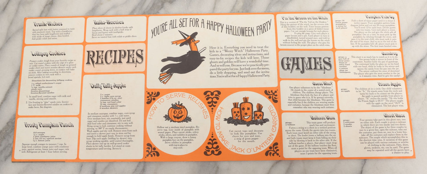 Lot 068 - Vintage "Franks Weeny Witch Hallowe'en Party Merry Makings" Fold Out Pin-The-Broom-On-The-Witch Poster And Halloween Party "Tricks And Treats Menu" With Recipes Including Brooms By Nepco