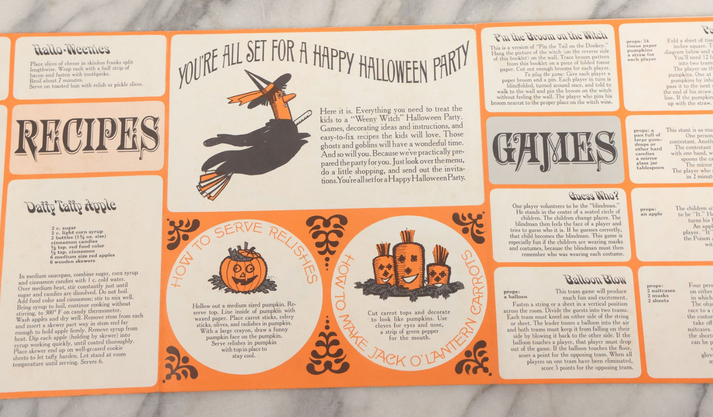 Lot 068 - Vintage "Franks Weeny Witch Hallowe'en Party Merry Makings" Fold Out Pin-The-Broom-On-The-Witch Poster And Halloween Party "Tricks And Treats Menu" With Recipes Including Brooms By Nepco