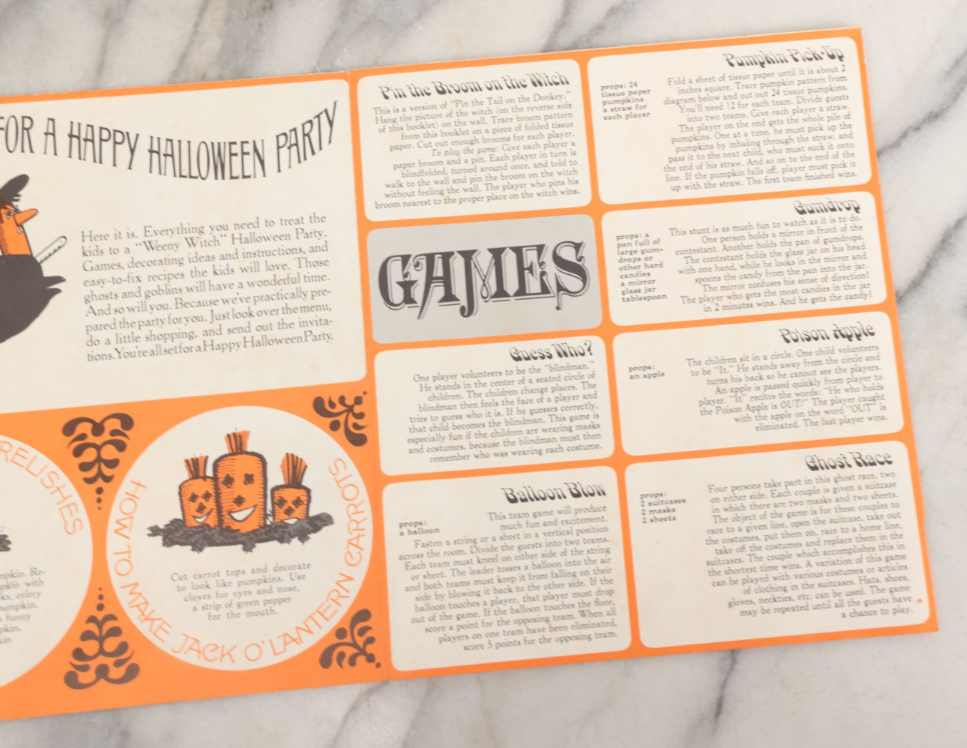 Lot 068 - Vintage "Franks Weeny Witch Hallowe'en Party Merry Makings" Fold Out Pin-The-Broom-On-The-Witch Poster And Halloween Party "Tricks And Treats Menu" With Recipes Including Brooms By Nepco