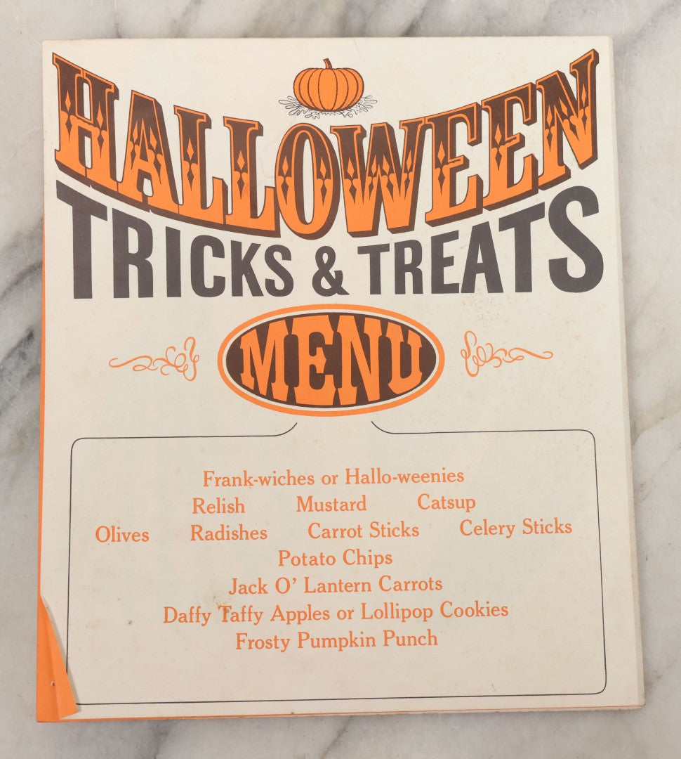 Lot 068 - Vintage "Franks Weeny Witch Hallowe'en Party Merry Makings" Fold Out Pin-The-Broom-On-The-Witch Poster And Halloween Party "Tricks And Treats Menu" With Recipes Including Brooms By Nepco