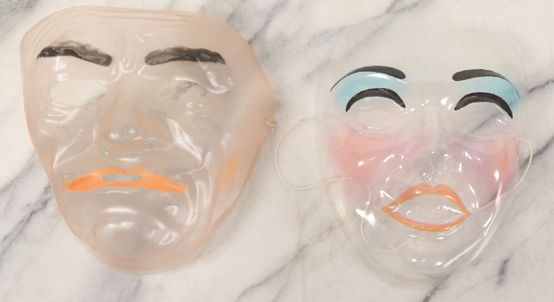 Lot 077 - Pair Of Vintage Clear Plastic Halloween Face Masks With Red Lips Black Eyebrows