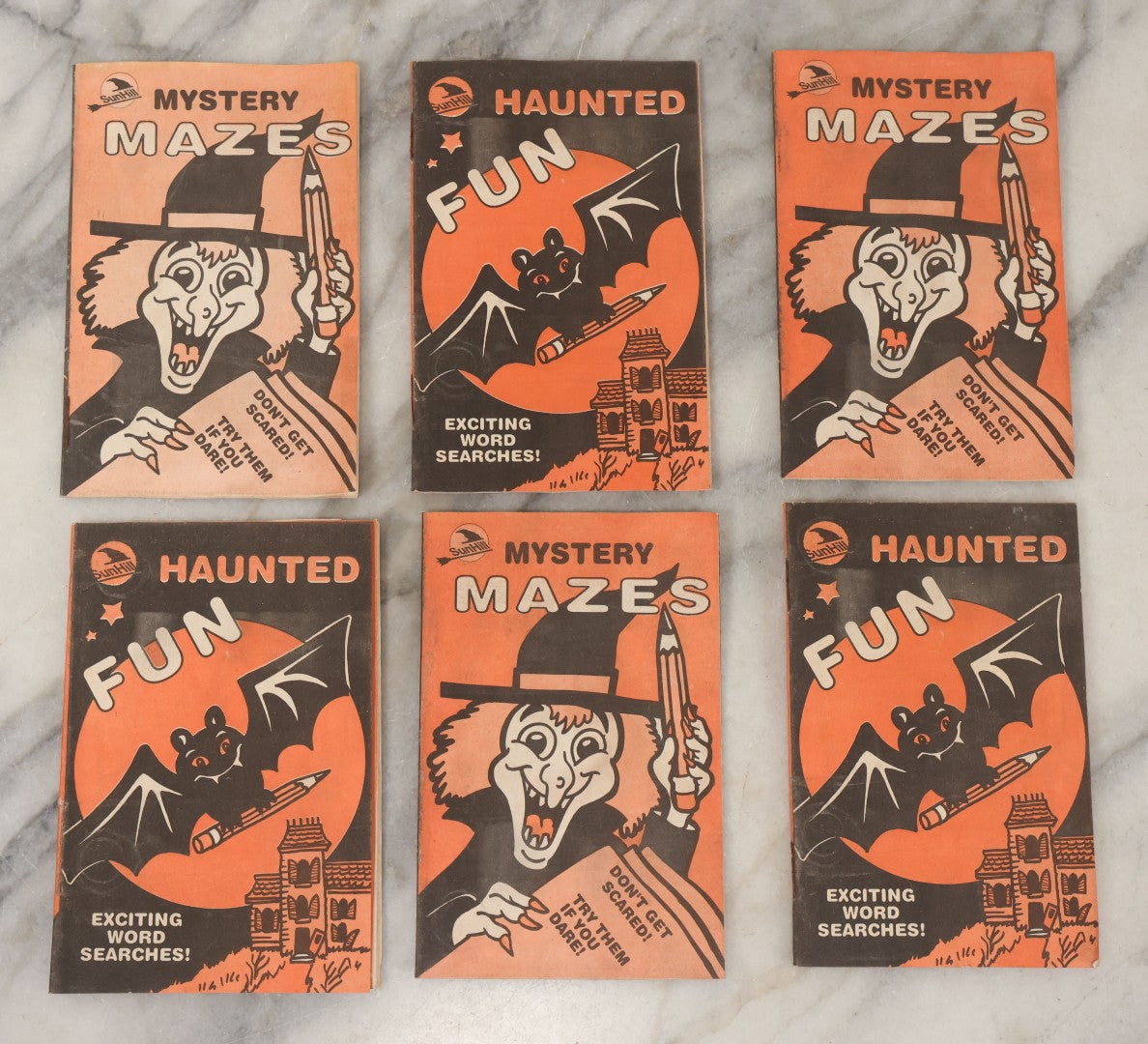 Lot 079 - Grouping Of Six Halloween Themed Children's Activity Coloring Booklets Including Three "Mystery Mazes" With Witch Cover And Three "Haunted Fun" With Bat Cover, Copyright 1992, Sun Hill Industries Inc., Stamford, Conn., Stock No. B648 And B649