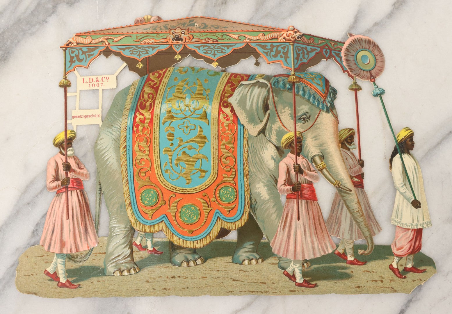 Lot 081 - Antique Lithographed German Elephant Die Cut Paper Scrap, Manufacture By L.D. & Co., No 1007