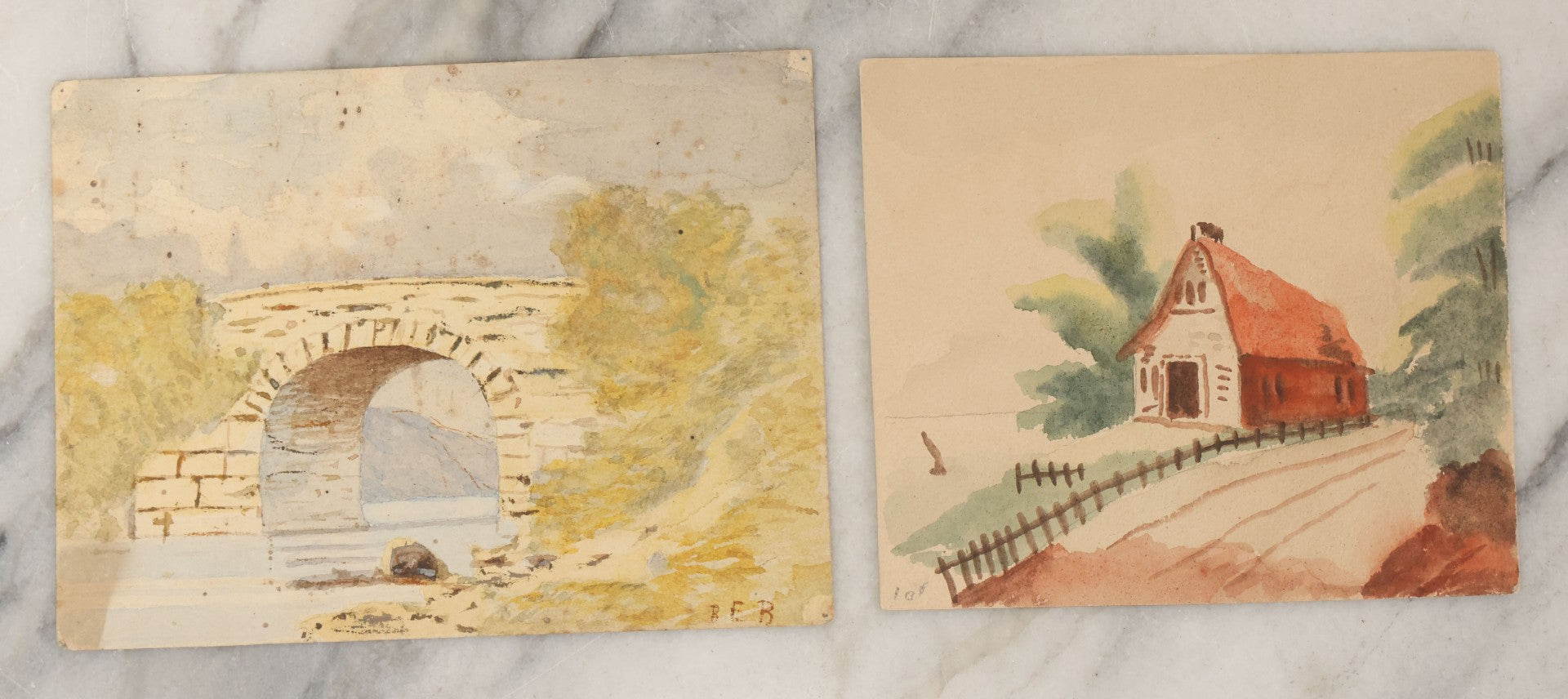 Lot 083 - Pair Of Antique Small Unframed Watercolor Paintings On Paper Of Lakeside Cabin And Stone Arch Bridge, Circa 1890