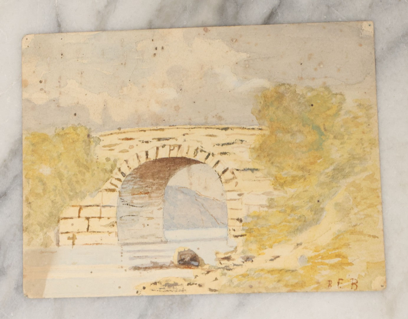 Lot 083 - Pair Of Antique Small Unframed Watercolor Paintings On Paper Of Lakeside Cabin And Stone Arch Bridge, Circa 1890