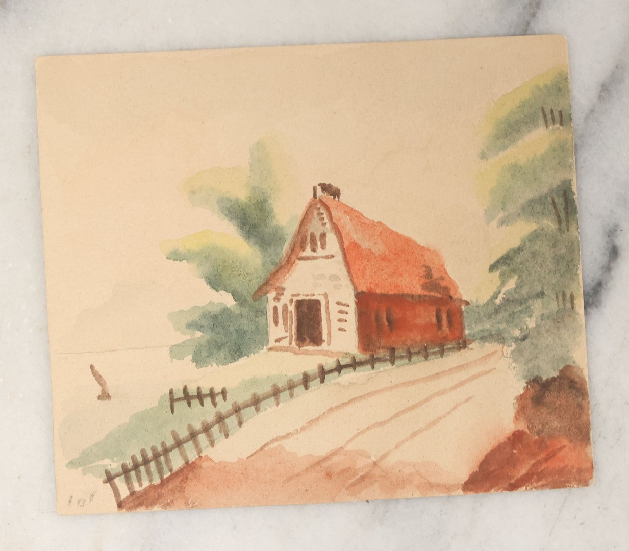 Lot 083 - Pair Of Antique Small Unframed Watercolor Paintings On Paper Of Lakeside Cabin And Stone Arch Bridge, Circa 1890