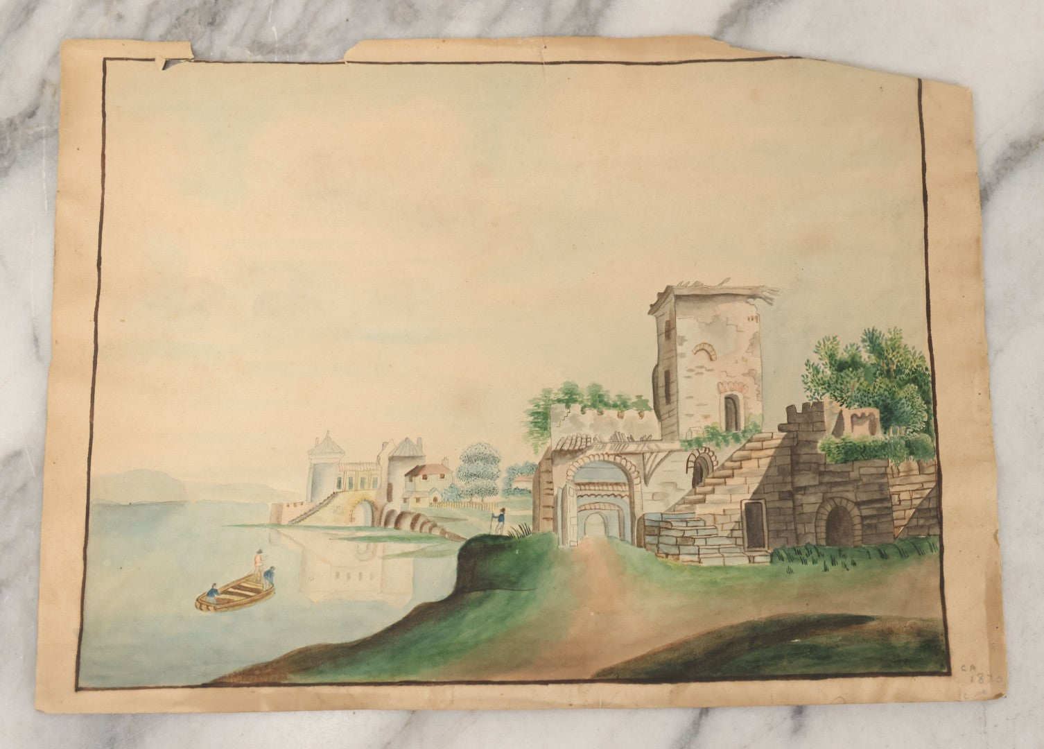 Lot 084 - Antique Unframed Watercolor Painting On Paper Of Lakeside Castle Ruins Europe, Circa 1890