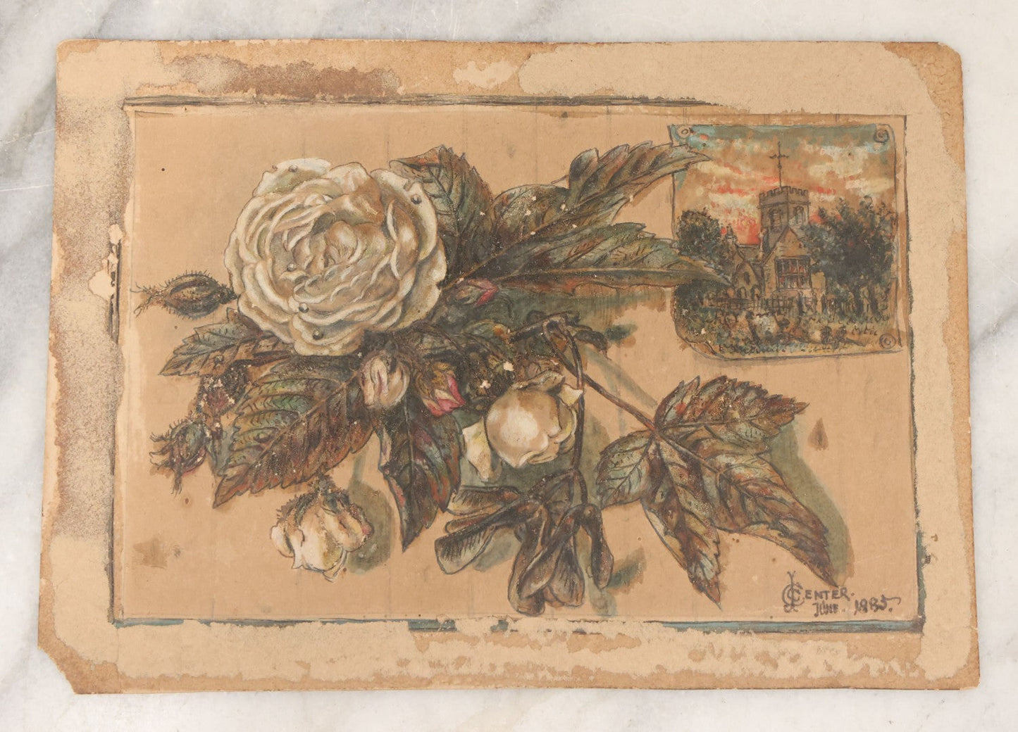 Lot 085 - Antique Unframed Watercolor Painting On Paper, White Rose Study, With Church, Signed "Center," June 1885