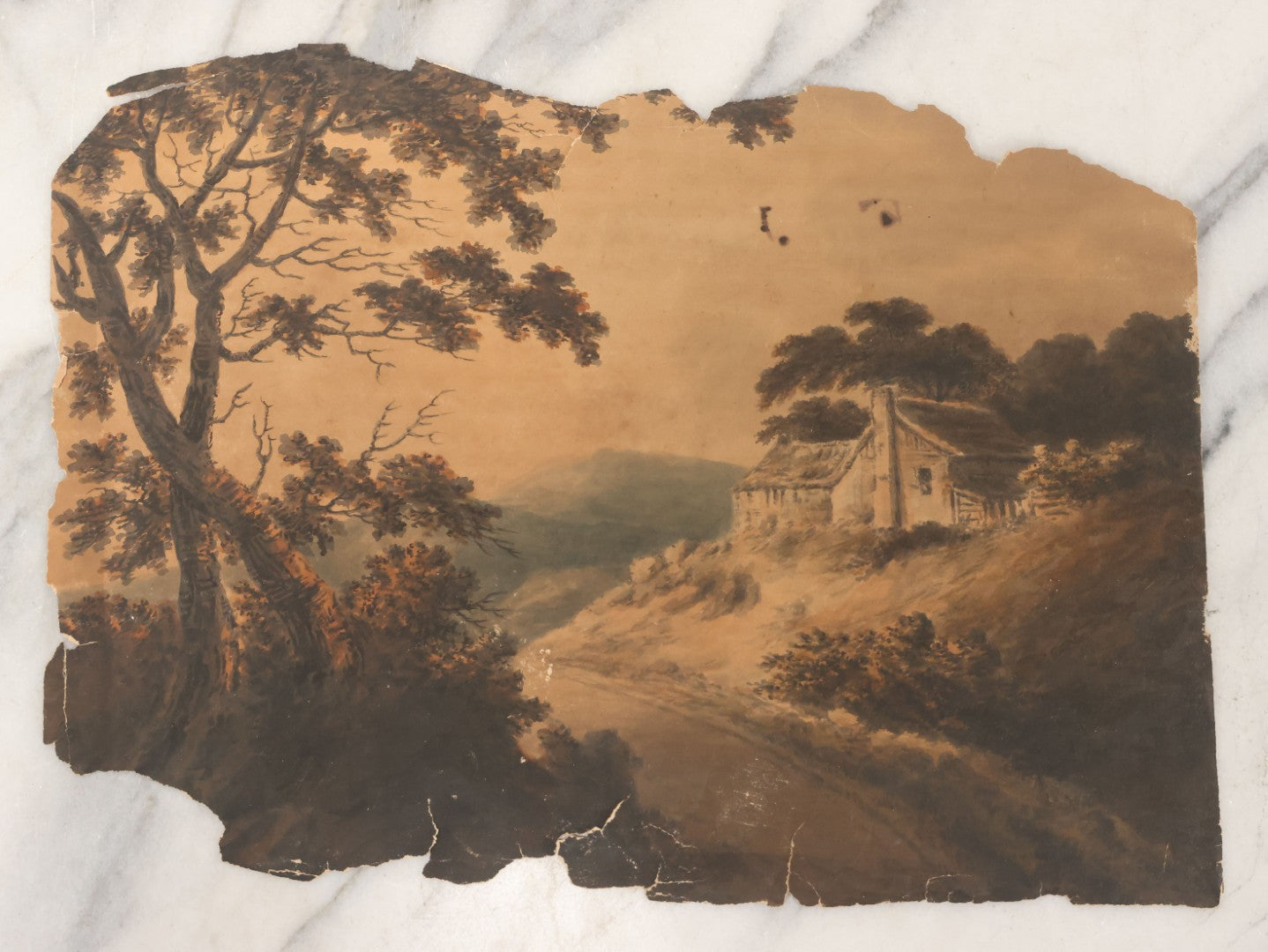 Lot 086 - Antique Unframed Watercolor Painting On Paper Of Mountainside Forest Cabin, Poor Condition, Circa 1890