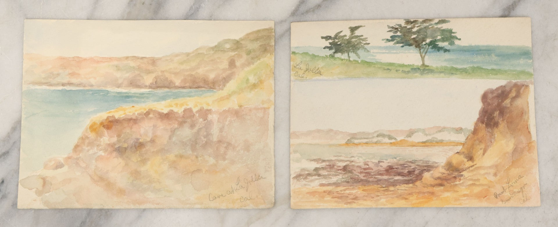 Lot 087 - Pair Of Double Sided Unframed Antique Watercolor Paintings On Paper Of La Jolla Sea Caves And Point Loma, San Diego, California, Circa 1900