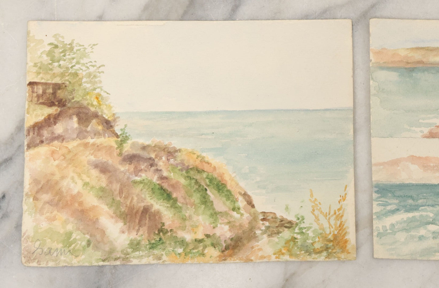 Lot 087 - Pair Of Double Sided Unframed Antique Watercolor Paintings On Paper Of La Jolla Sea Caves And Point Loma, San Diego, California, Circa 1900