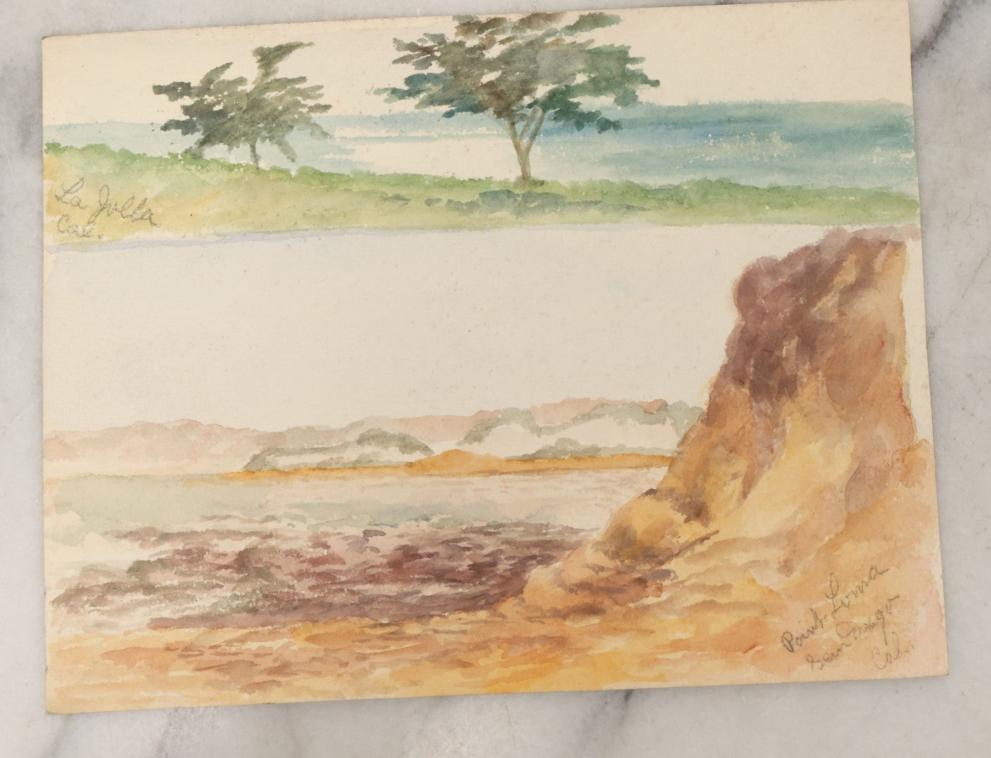 Lot 087 - Pair Of Double Sided Unframed Antique Watercolor Paintings On Paper Of La Jolla Sea Caves And Point Loma, San Diego, California, Circa 1900