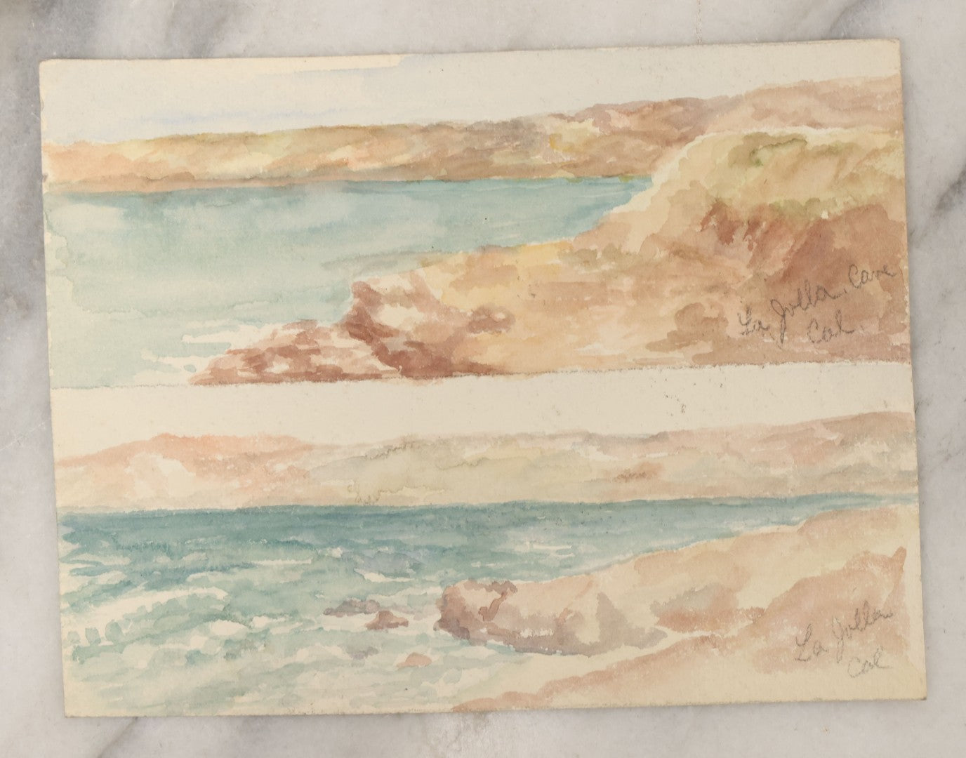 Lot 087 - Pair Of Double Sided Unframed Antique Watercolor Paintings On Paper Of La Jolla Sea Caves And Point Loma, San Diego, California, Circa 1900