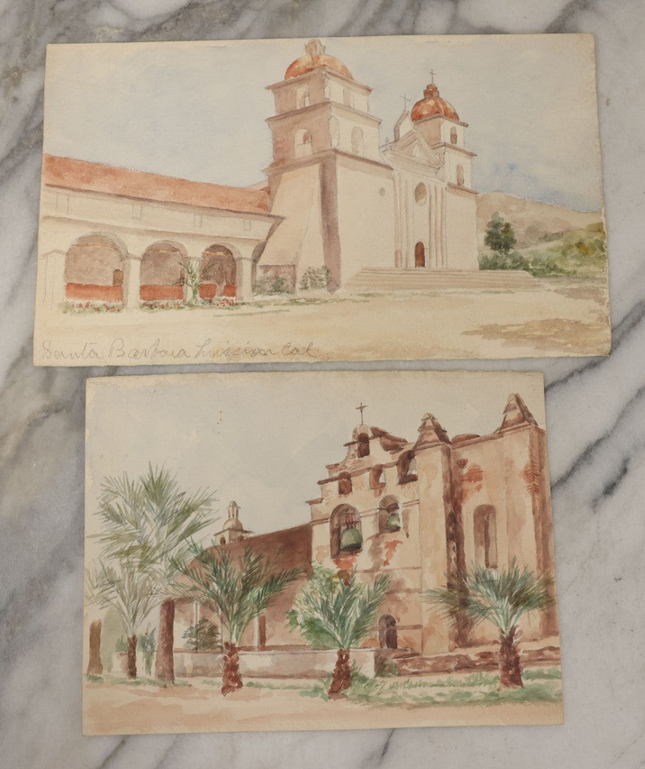 Lot 088 - Pair Of Antique Unframed Watercolor Paintings On Paper Of Church, Garden, Santa Barbara, California (One Sheet Double Sided), Circa 1900