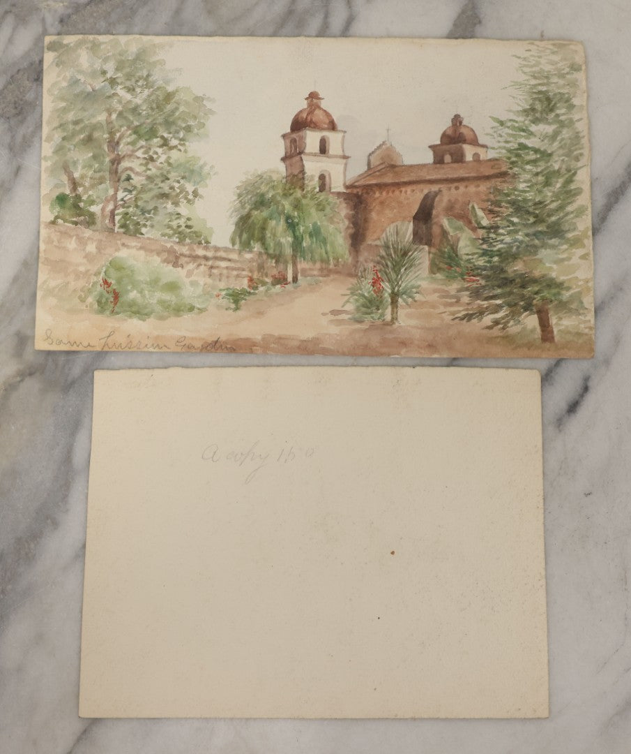 Lot 088 - Pair Of Antique Unframed Watercolor Paintings On Paper Of Church, Garden, Santa Barbara, California (One Sheet Double Sided), Circa 1900