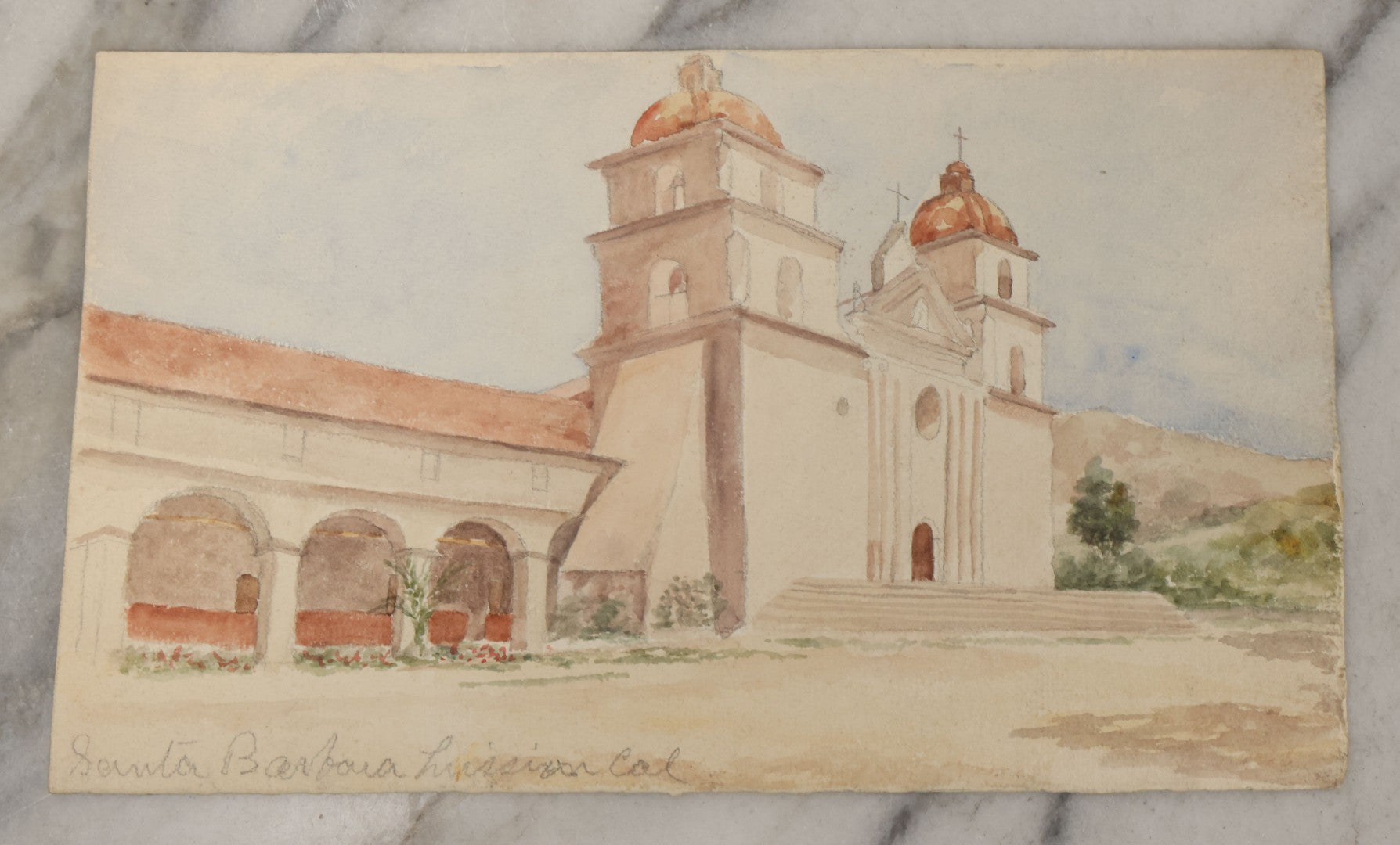 Lot 088 - Pair Of Antique Unframed Watercolor Paintings On Paper Of Church, Garden, Santa Barbara, California (One Sheet Double Sided), Circa 1900