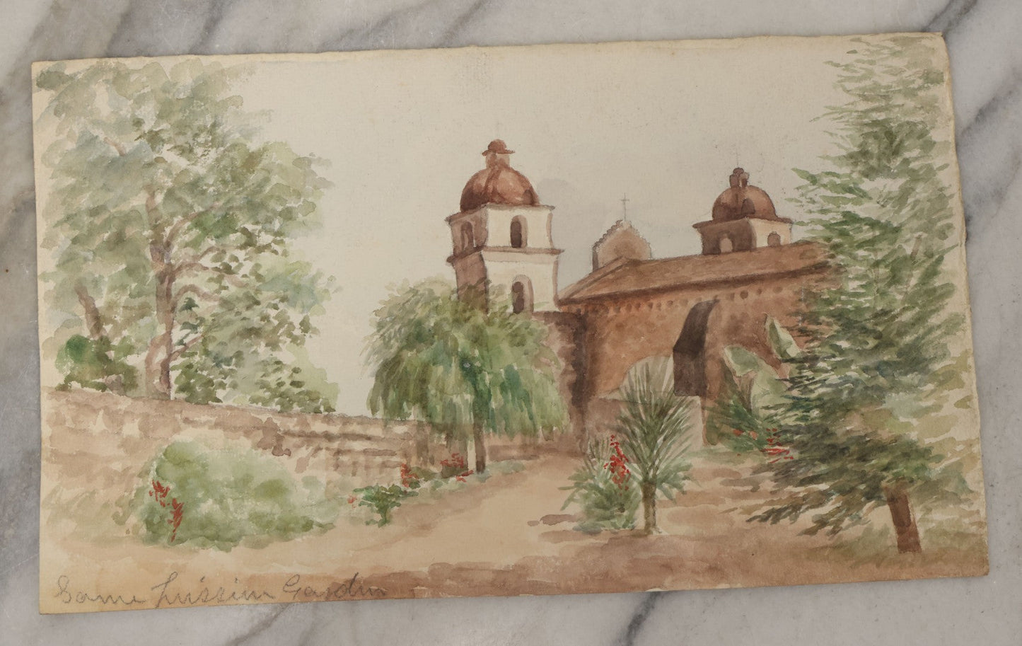 Lot 088 - Pair Of Antique Unframed Watercolor Paintings On Paper Of Church, Garden, Santa Barbara, California (One Sheet Double Sided), Circa 1900