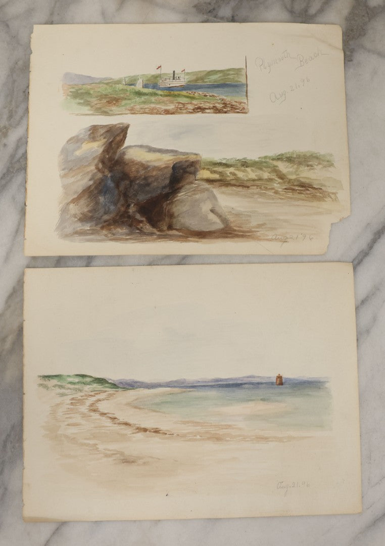 Lot 089 - Pair Of Antique Unframed Watercolor Paintings On Paper Of Plymouth Beach, Plymouth Massachusetts Dated August 21, 1896