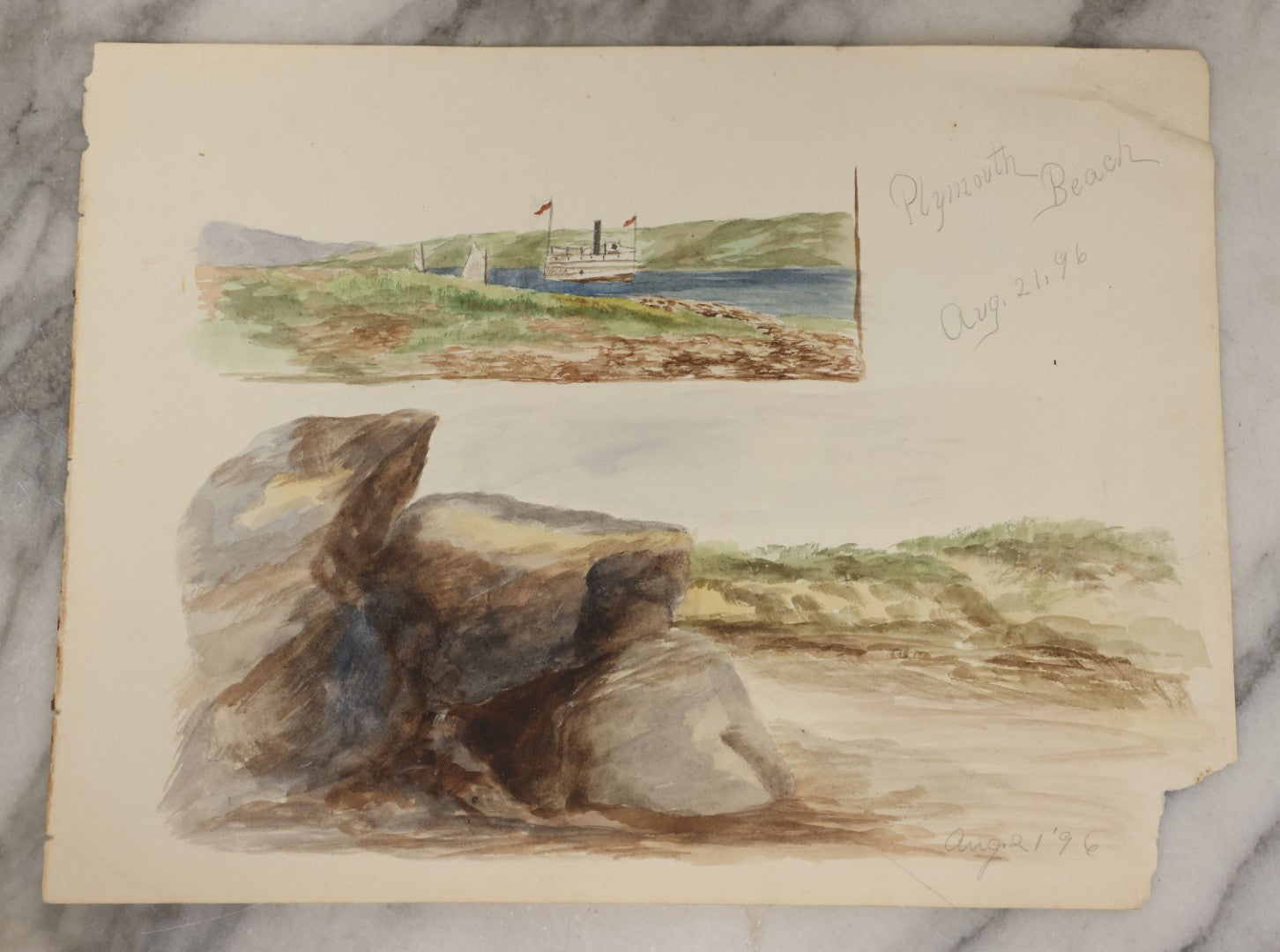 Lot 089 - Pair Of Antique Unframed Watercolor Paintings On Paper Of Plymouth Beach, Plymouth Massachusetts Dated August 21, 1896