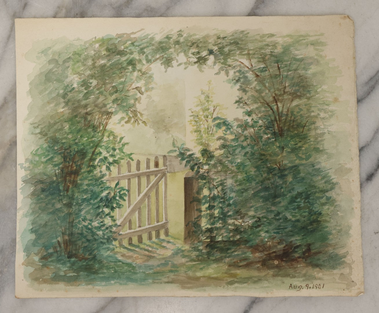 Lot 090 - Antique Unframed Watercolor Painting On Paper Of Green Garden Arch, White Picket Fence, Dated August 9, 1901