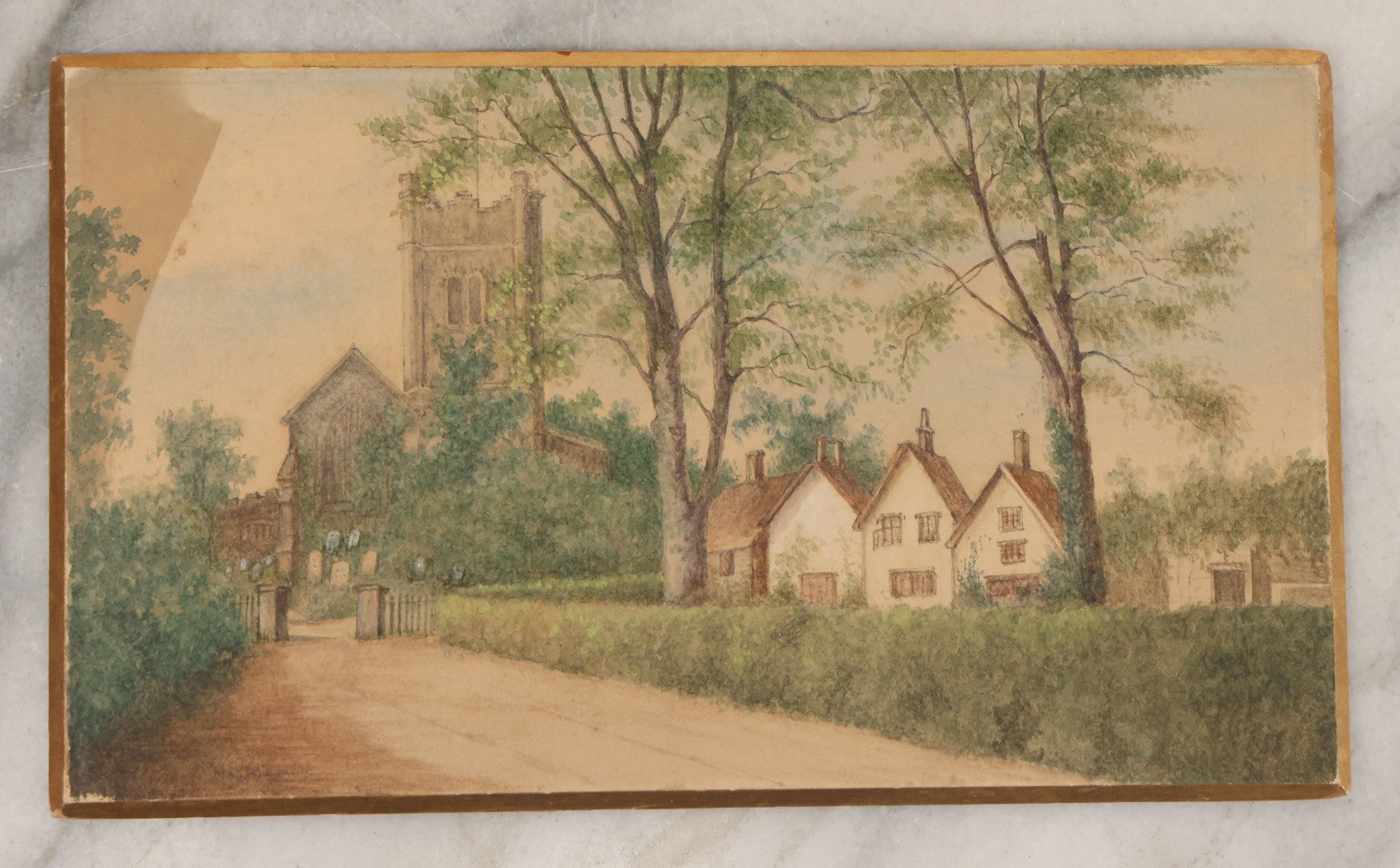 Lot 091 - Antique Unframed Watercolor On Stiff Beveled Board Of A Village, Church, And Graveyard, Circa 1890
