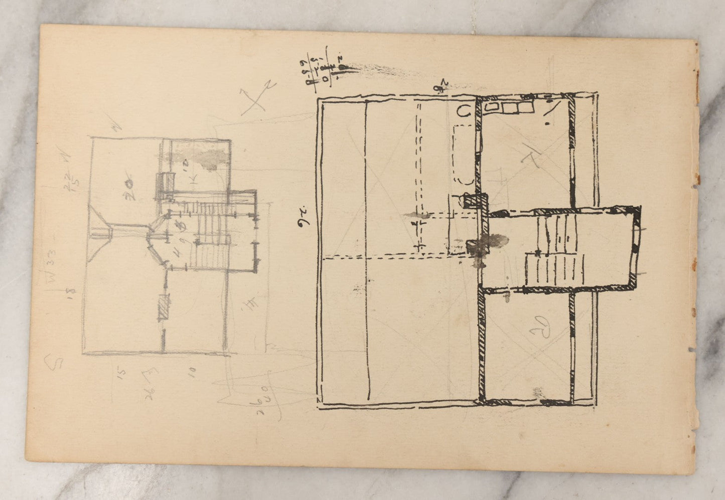 Lot 092 - Antique Unframed Watercolor Architecture Study On Paper Of House, With Floor Plans On Verso