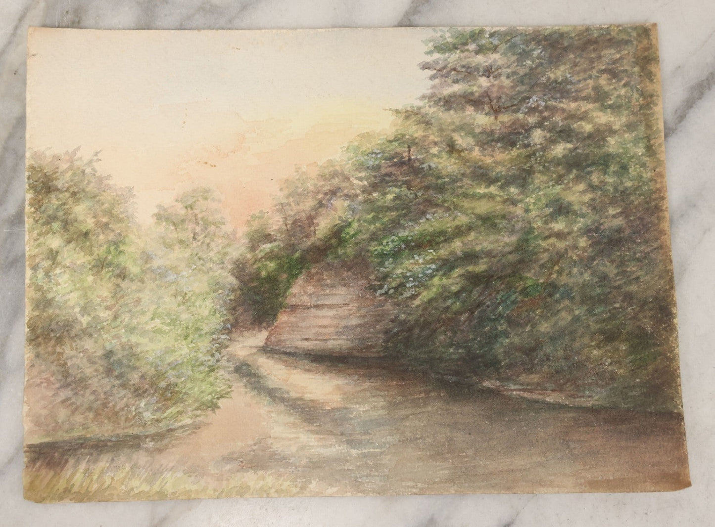 Lot 093 - Antique Unframed Watercolor Painting On Paper Of A River Bend, Rocky Shore, Foliage, Circa 1905