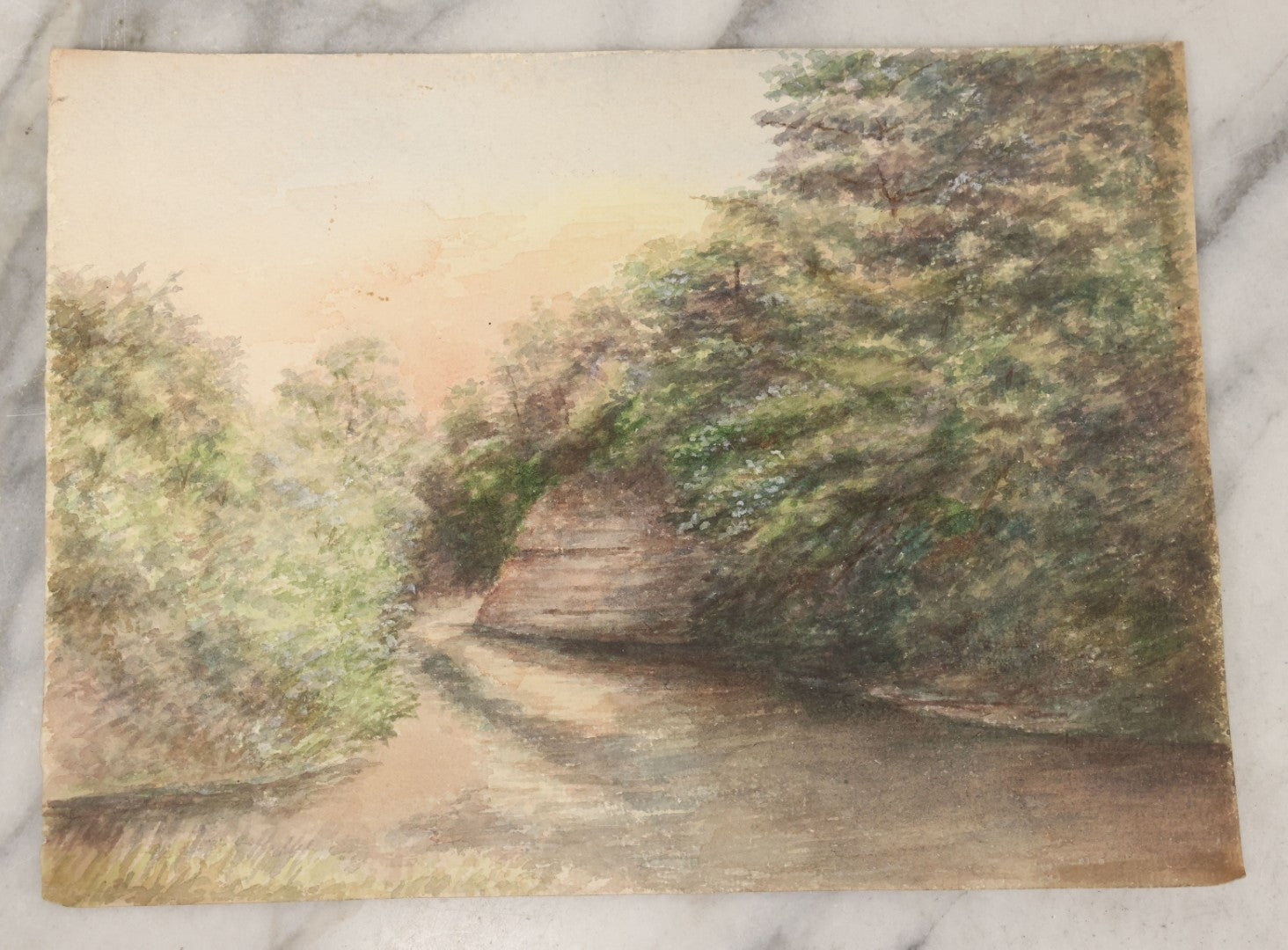 Lot 093 - Antique Unframed Watercolor Painting On Paper Of A River Bend, Rocky Shore, Foliage, Circa 1905