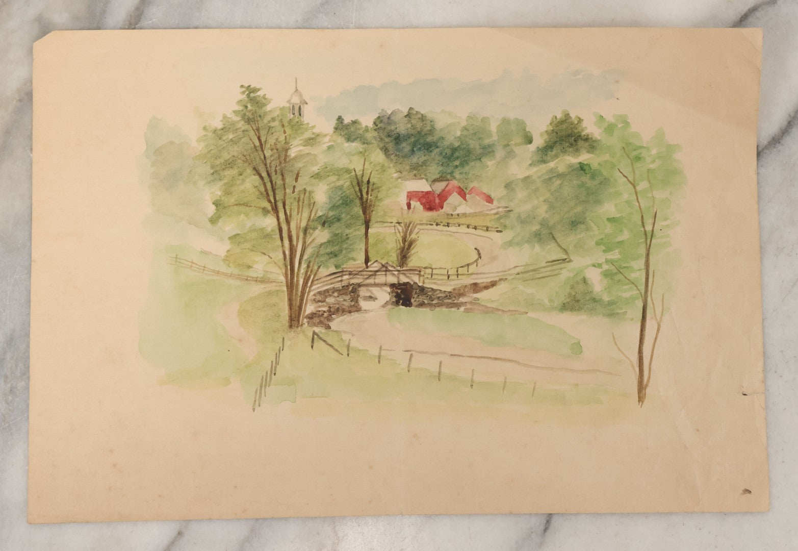 Lot 095 - Antique Unframed Watercolor Painting On Paper Of A Red Farmhouse, Bridge, Trees Circa 1890