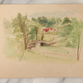 Lot 095 - Antique Unframed Watercolor Painting On Paper Of A Red Farmhouse, Bridge, Trees Circa 1890