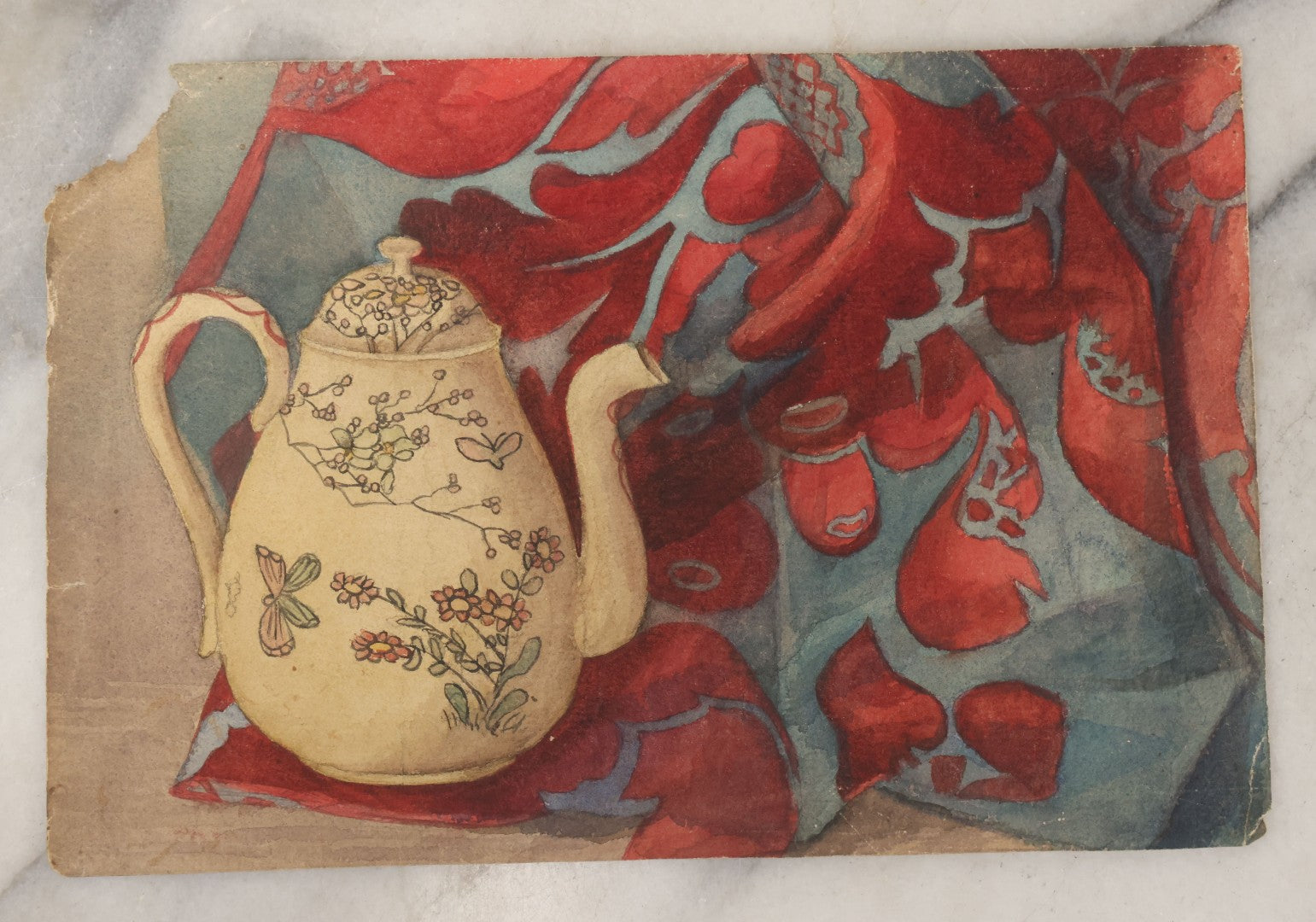 Lot 096 - Antique Unframed Watercolor Still Life Painting On Paper Of White Pitcher, Damask Fabric, Circa 1900