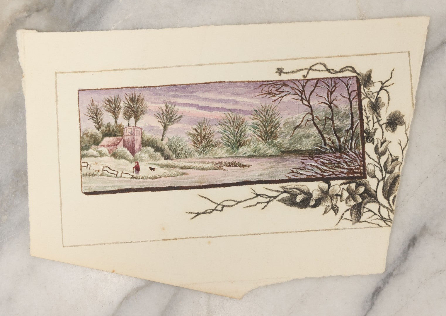 Lot 097 - Antique Unframed Watercolor And Colored Pencil Painting On Paper Of Person, Dog, Church, By Riverside, Greeting Card Study, Circa 1900